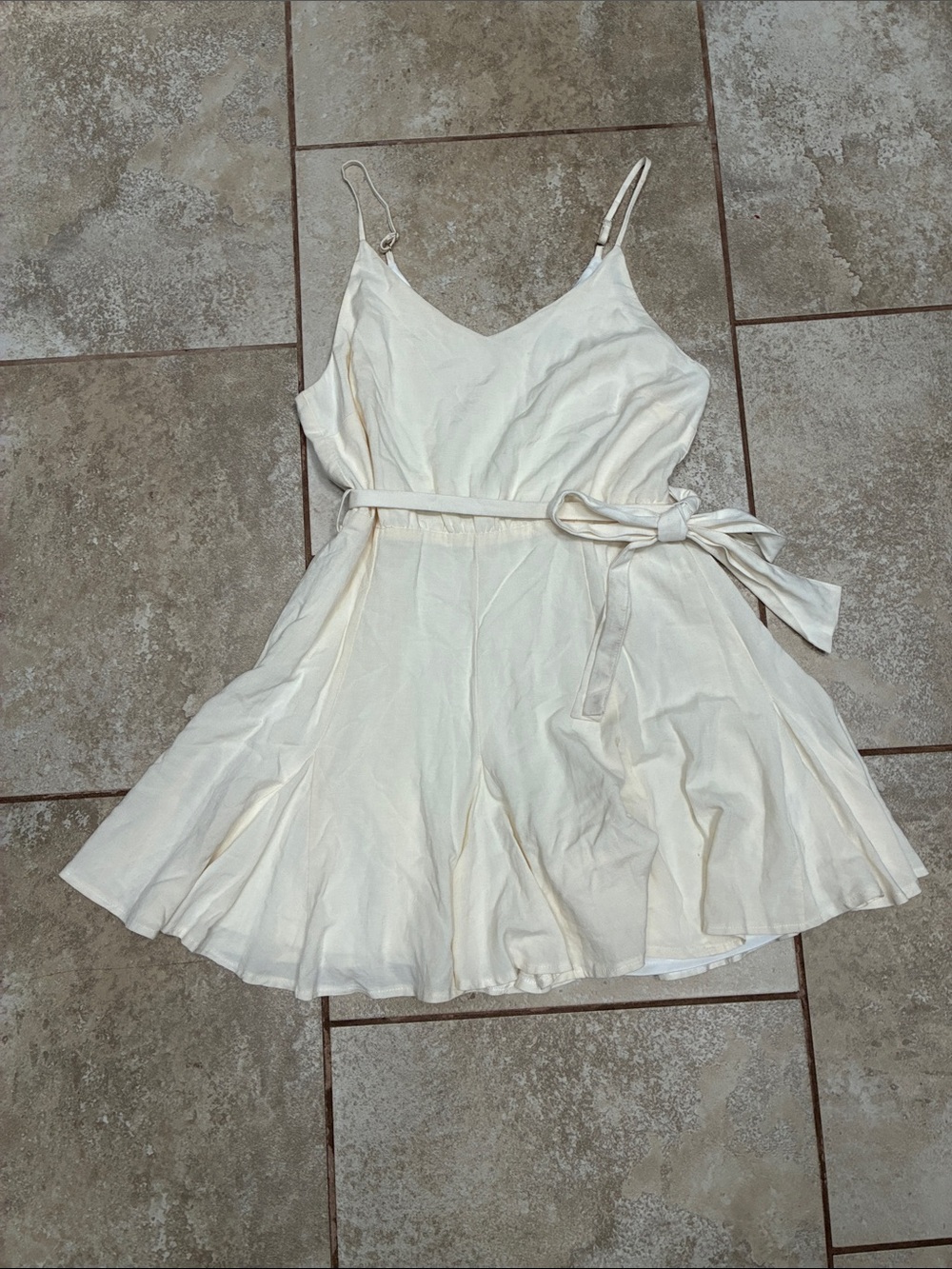 She + Sky Cream Spaghetti-Strap Mini Dress with Waist Tie